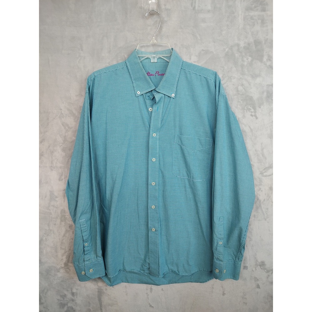 Alan Flusser Mens XL Teal Gingham Check Cotton Button Down Shirt Long Sleeve - Picture 2 of 10